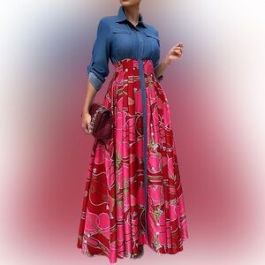 METAMORPHOSIS GIRL DENIM AND COLORFUL ABSTRACT PRINT SHIRT WAIST DRESS, SIZE S
